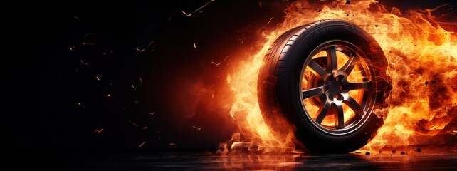 Car tire in fire background