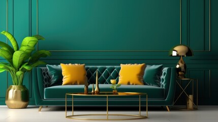 Modern living room in emerald colors