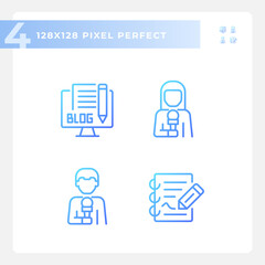 2D pixel perfect gradient icons set representing journalism, thin line blue illustration