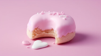 Bitten pink icing donut with marshmallows on pink background, AI Generated