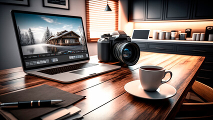 Modern home office setup with a laptop, coffee cup, photographic camera, on a wooden desk. - obrazy, fototapety, plakaty