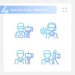 Pixel perfect set of gradient icons representing journalism, thin line blue illustration