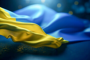 Blue and Yellow 3D Render Minimalist Ukrain flag bokeh background with minimalist symbol, Generative AI.