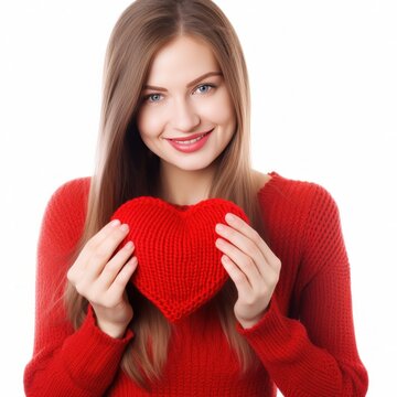 Happy young woman wigth knitted heart in hands