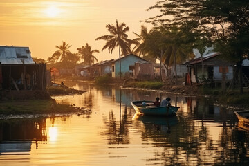 Small nice fisherman village at sunset on the canal des Pangalanes - Madagascar - obrazy, fototapety, plakaty