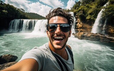 A man taking a selfie in front of the waterfall