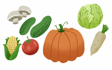 Vector vegetables icons set in cartoon style. Collection farm product for restaurant menu, market label.
