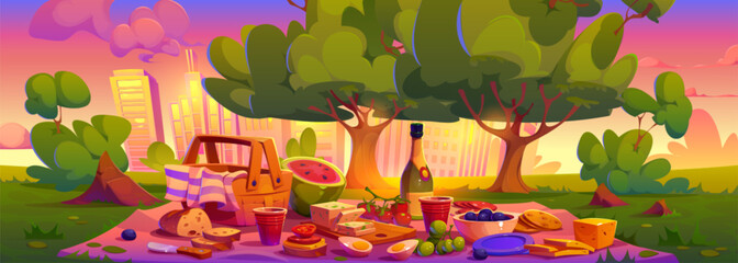 Picnic basket on blanket in city park on sunset. Summer romantic cityscape with urban skyscraper view and meal setup. Sandwich, egg, wine bottle, watermelon and olive food for nature recreation
