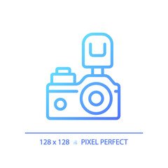 2D pixel perfect gradient camera icon, isolated vector, thin line blue illustration representing journalism.