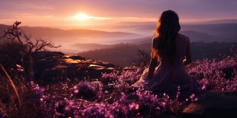 A solitary woman sits amidst a sea of lavender, the rising sun casting a golden hue over the blossoms, evoking a moment of serene introspection.