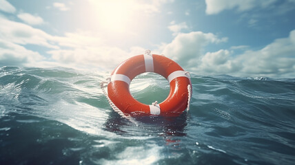 a lifebuoy floats on the surface of a stormy sea, the concept is the last hope for saving a life - obrazy, fototapety, plakaty