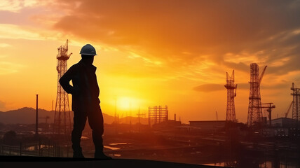 Fototapeta premium Silhouette engineer standing orders for construction crews to work on high ground heavy industry generative ai