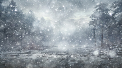 background landscape snowfall in foggy forest, winter view, blurred forest in snowfall with copy space