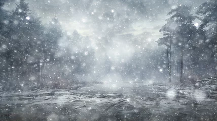 Schilderijen op glas background landscape snowfall in foggy forest, winter view, blurred forest in snowfall with copy space © kichigin19