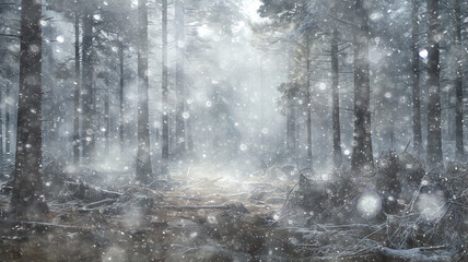 Fototapeta premium background landscape snowfall in foggy forest, winter view, blurred forest in snowfall with copy space