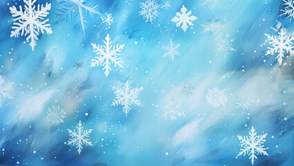 A painting of snowflakes on a blue background, winter background with snowflakes, Generative AI