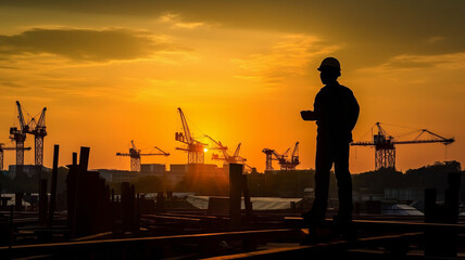 Fototapeta premium Silhouette engineer standing orders for construction crews to work on high ground heavy industry generative ai