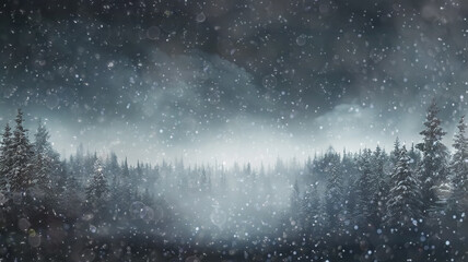 landscape night snowfall in a winter forest, panorama of a blurred background night in a blue coniferous forest swept by snow - obrazy, fototapety, plakaty