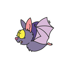 Funny doodle bat. Cartoon illustration of a scared purple bat isolated on a white background. Vector 10 EPS.