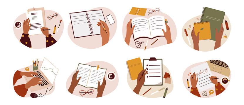 Set of hands holding pens and pencils, writing a letter on paper, making notes in a notebook, writing a wish list, filling in a diary and planners, working on a laptop. Vector flat illustration