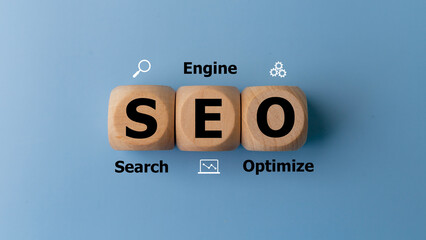 SEO Search Engine Optimization (SEO) on wooden cubes. Website Internet Business Technology Concept.