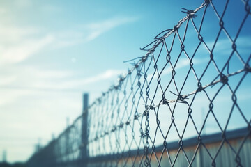 Fence with barbed wire in front of great blue sky - concept for freedom, liberty or prison
