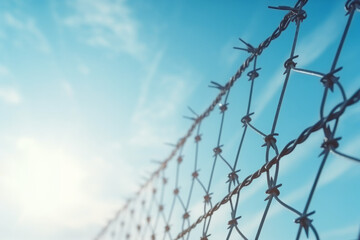 Fence with barbed wire in front of great blue sky - concept for freedom, liberty or prison