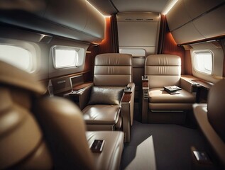 first class business luxury seats for vacations or corporate airplane travel concept