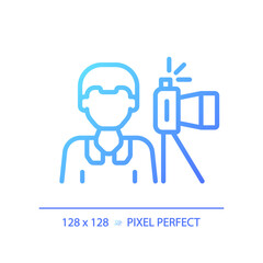 2D pixel perfect gradient photojournalist icon, isolated vector, thin line blue illustration representing journalism.