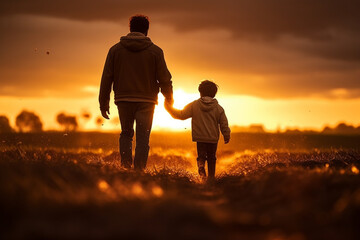 A man and a child walking in a field at sunset, Generative AI