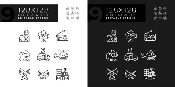 Pixel perfect dark and light icons representing journalism, editable thin line illustration set.