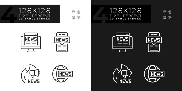 2D pixel perfect customizable dark and light icons collection representing journalism, isolated vector, thin line illustration.