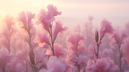 Obraz premium pink flowers nature background gladioli, delicate pastel colors, landscape field of flowers