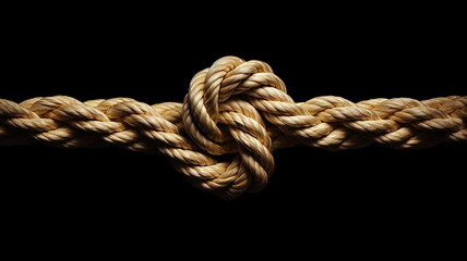 the gordian knot of rough rope is isolated on a black background