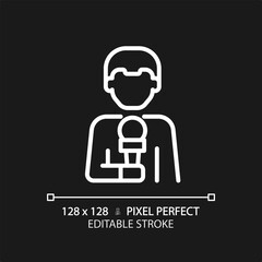 2D pixel perfect editable white news reporter icon, isolated vector, thin line illustration representing journalism.
