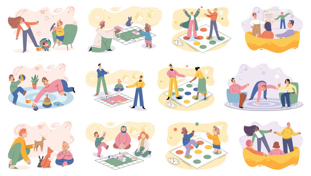 Game together. Family fun. Friendship time. Vector illustration. The spirit of friendship shines bright when playing games together Happy fun activities like playing games strengthen bond among