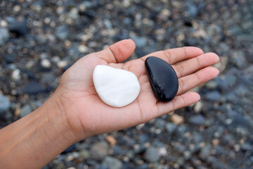 Black and white stones on the palm. Sea pebble