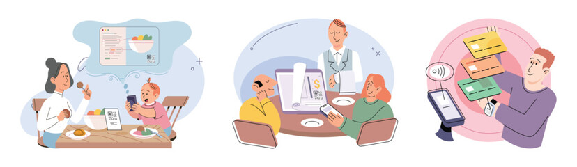 Cashless and contactless payment system vector set. People use phone for scan and pay with qr code. Buyers paying by mobile app on smartphone via pos terminal in cafe, restaurant or shop. Bank tranche