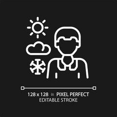 2D pixel perfect editable white weather newscaster icon, isolated vector, thin line illustration representing journalism.