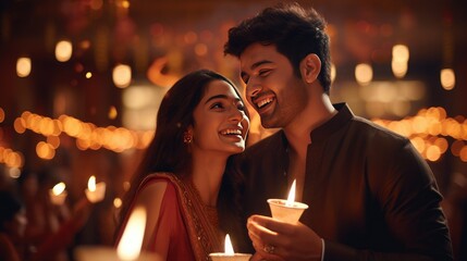 Smiling youthful joyous happy married couple celebrating Diwali together. Generative Ai. - obrazy, fototapety, plakaty