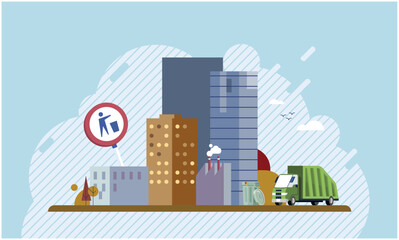 Naklejka premium Waste pollution environmental problem concept. Industrial production garbage, emissions from factory. Harm to environment, ecology of planet. Scene pile of waste in polluted city vector illustration