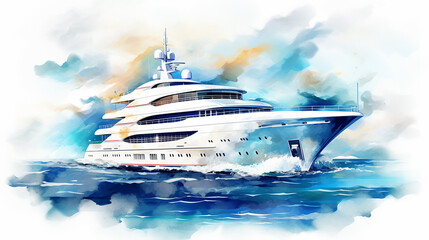 beautiful watercolor luxury yacht over ocean water on white background - obrazy, fototapety, plakaty