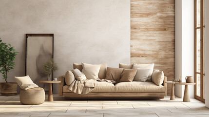 beige loveseat sofa in small room. interior design
