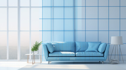 blue loveseat sofa against of large grid window. minimalist decoration