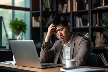 Fototapeta premium Stressed asian business man having headache while working on business. Man worker suffer migraines in office.