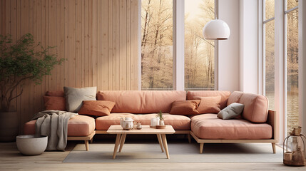 cozy terra cotta fabric cornet sofa near window. Scandinavian interior design of modern living room - obrazy, fototapety, plakaty