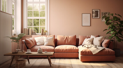 Scandinavian interior design of modern living room. cozy terra cotta fabric cornet sofa near window - obrazy, fototapety, plakaty