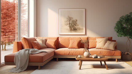 cozy terra cotta fabric cornet sofa near window. Scandinavian interior design of modern living room