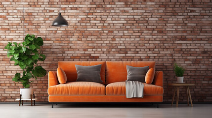 interior design with cute orange velvet loveseat sofa in empty room with brick wall.