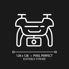 2D pixel perfect editable white drone icon, isolated vector, thin line illustration representing journalism.